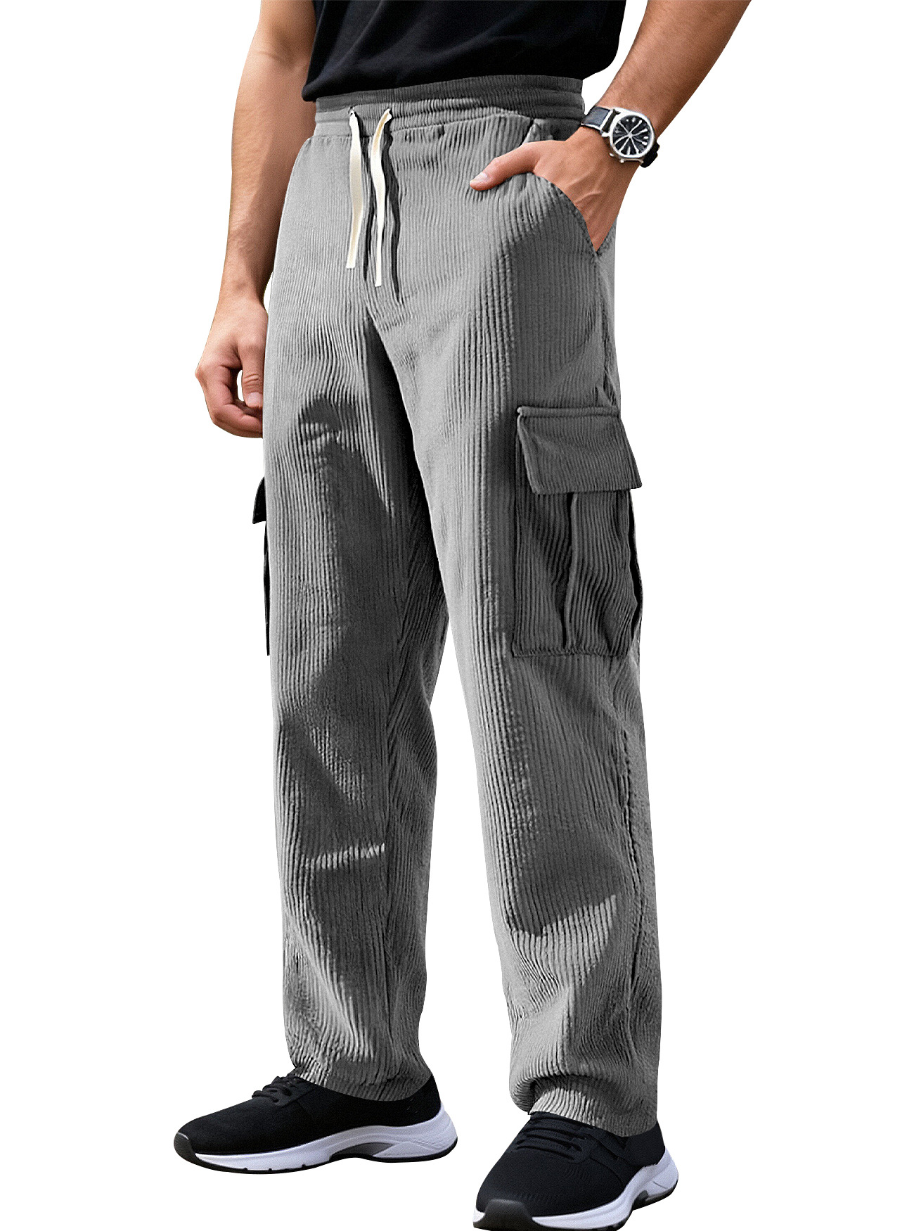 Monochrome Herren-Sommer-Arbeitshose im amerikanischen Retro-Stil, lässige Sporthose, lockere, gerade Cordhose mit weitem Bein_voghion.com