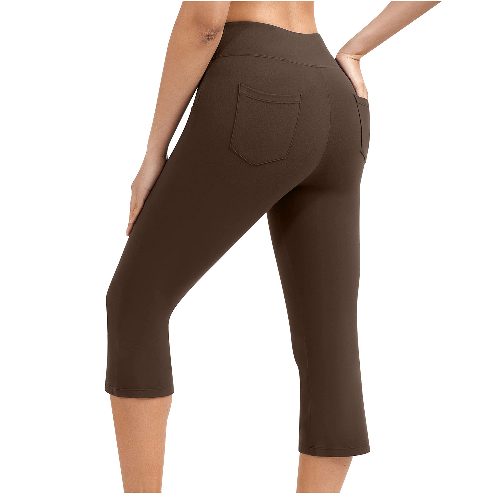 Neue Yoga-Hose für Damen, einfarbig, Vordertasche, hohe Taille, aufgesetzte Tasche hinten, Hip-Lift, Sport-Caprihose_voghion.com