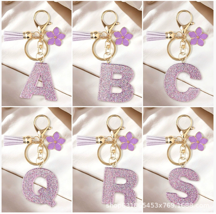 Cross-Border Glitter 26 English Letters DIY Resin Keychain Purple Flower Pendant Bag Pendant Keychain