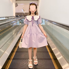 女寶寶2024夏季新款韓版洋氣連衣裙中大童時髦娃娃領格子公主裙潮