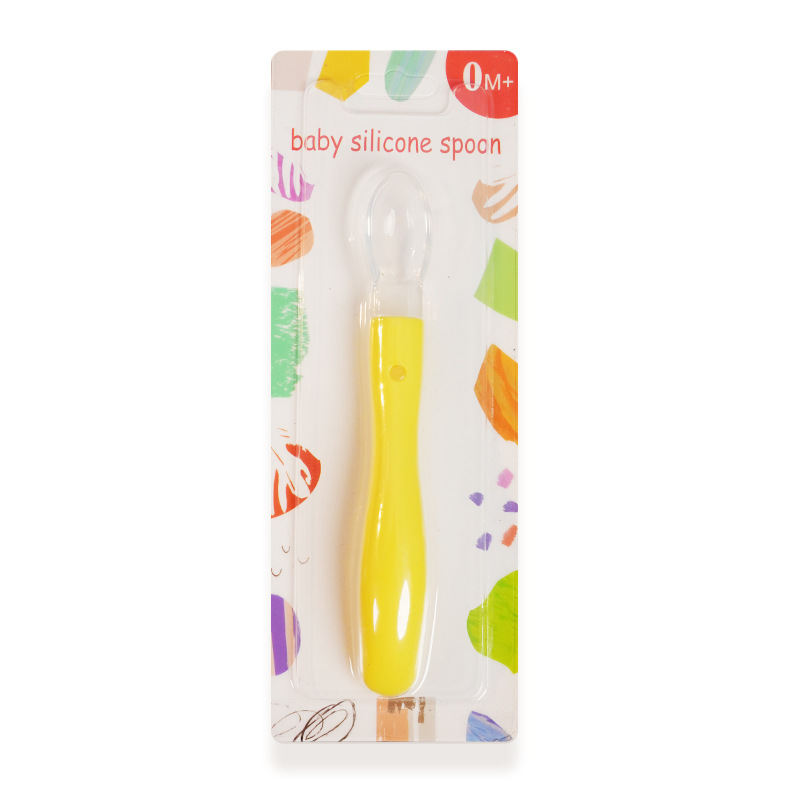 Inglés Tarjeta de alimentación infantil vajilla bebé cuchara de silicona bebé suave cabeza cuchara bebé