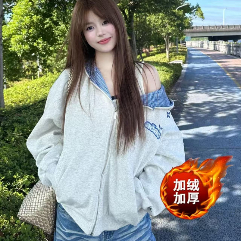 美式复古格子拼接字母刺绣开衫连帽卫衣男女2025新款潮牌情侣外套|undefined