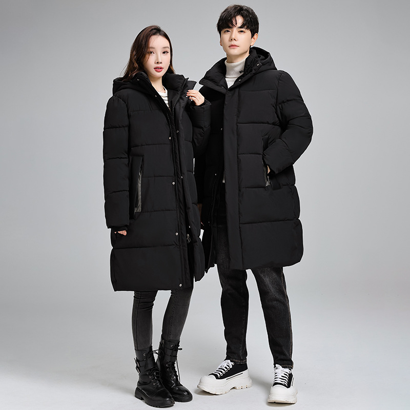 (2개) 남성과 여성을위한 커플의 야외 두꺼운 후드 다운 코튼 패딩 재킷 중간 길이의 느슨한 코튼 패딩 재킷