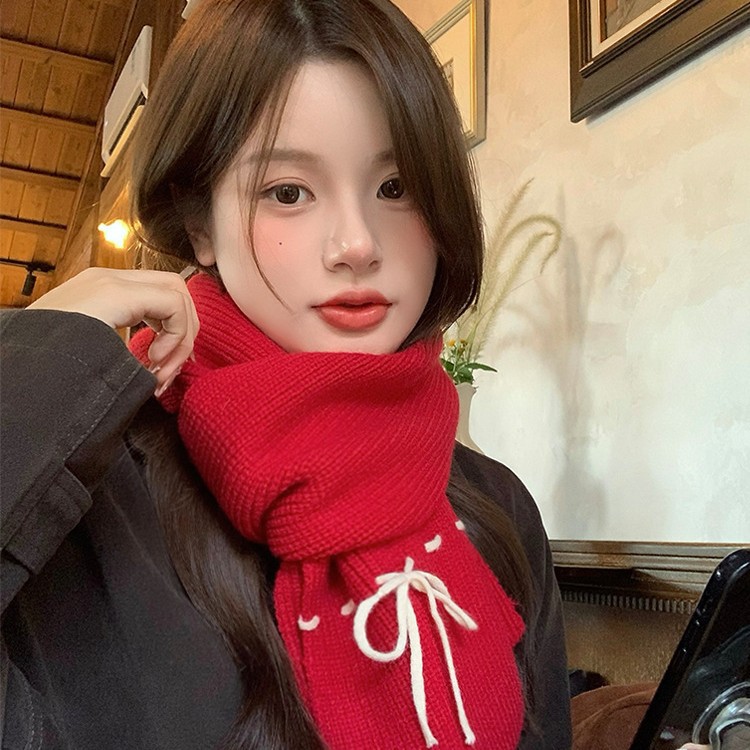 Fiocco rosso coreano per autunno e atmosfera femminile, calore denso, protezione per il collo, scialle lavorato a maglia, sciarpa invernale_voghion.com