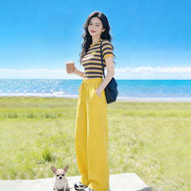 春夏款条纹T恤黄色阔腿裤运动套装女2026年夏季百搭休闲两件套潮