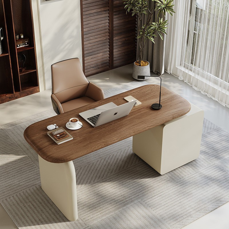 Solid Wood Desk Study Computer Table for Home Bedroom, Extendable, Minimalist Cream Color, Vintage Style, New Model