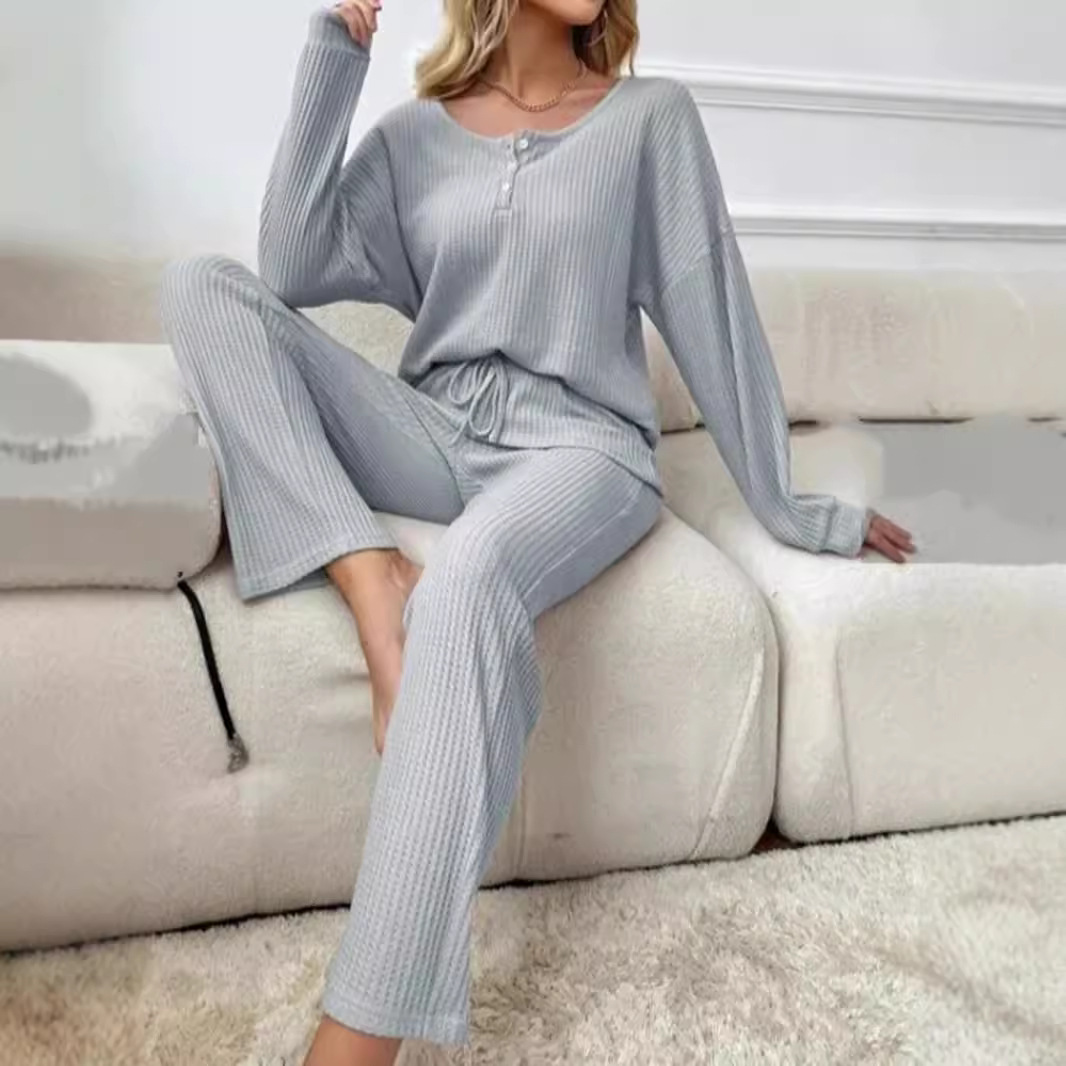 Conjunto de Ropa para Casa de Tejido Waffle para Mujer de Poliéster, Con Cordón, para Otoño image 3