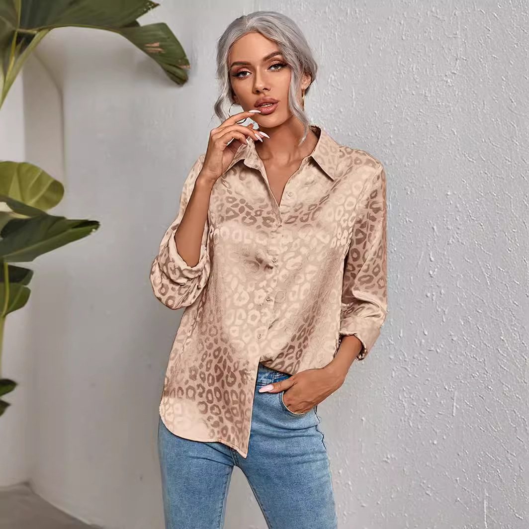 2026 European and American Cross-Border Women's Clothing Spring and Summer New Style Lapel Button-Up Leopard Print Jacquard Shirt Elegant Commuter Long-Sleeve Shirt