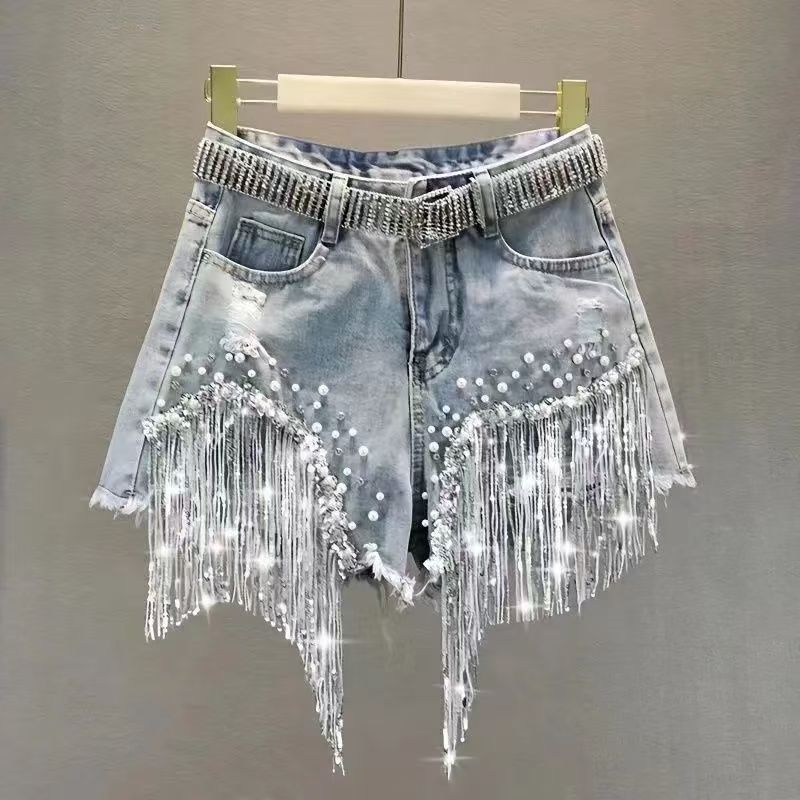 Heavy-Duty Full Diamond Denim Shorts for Women 2025 Summer New American High-Waist Slimming Look Beaded Tassel Broken Copper Jeans