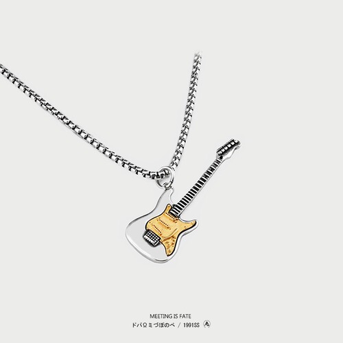 Elegant Silver Titanium Steel Guitar Necklace for Women, Rockabilly Style, Personality Versatile Fashion, Niche Design Lockchain