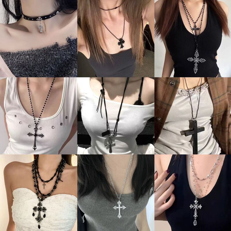 Trendy Retro Dark Cross Beaded Necklace Niche Long Style Subculture Spicy Girl Beads High-End Sweater Chain Trendy Retro Dark Cross Beaded Necklace Niche Long Style Subculture Spicy Girl Beads High-End Sweater Chain