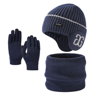Cross-border European and American Fashion Ear Protection Knitted Wool Hat Outdoor Riding Warm Hat Scarf Gloves Three-piece Set for Men