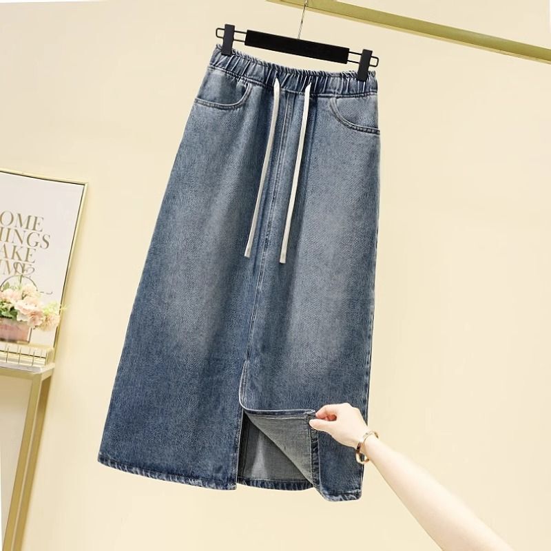 2024 Spring and Summer New Style Large Size Drawstring Elastic Waist Slit Denim Skirt High Waist Slimming A-Line Mid-Length Skirt 2024 Spring and Summer New Style Large Size Drawstring Elastic Waist Slit Denim Skirt High Waist Slimming A-Line Mid-Length Skirt