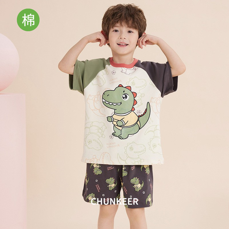 Children's Pajamas Boys and Boys Summer Short-sleeved Cotton Cartoon Big Kids Baby Home Clothes Outer-Wearing Thin suit