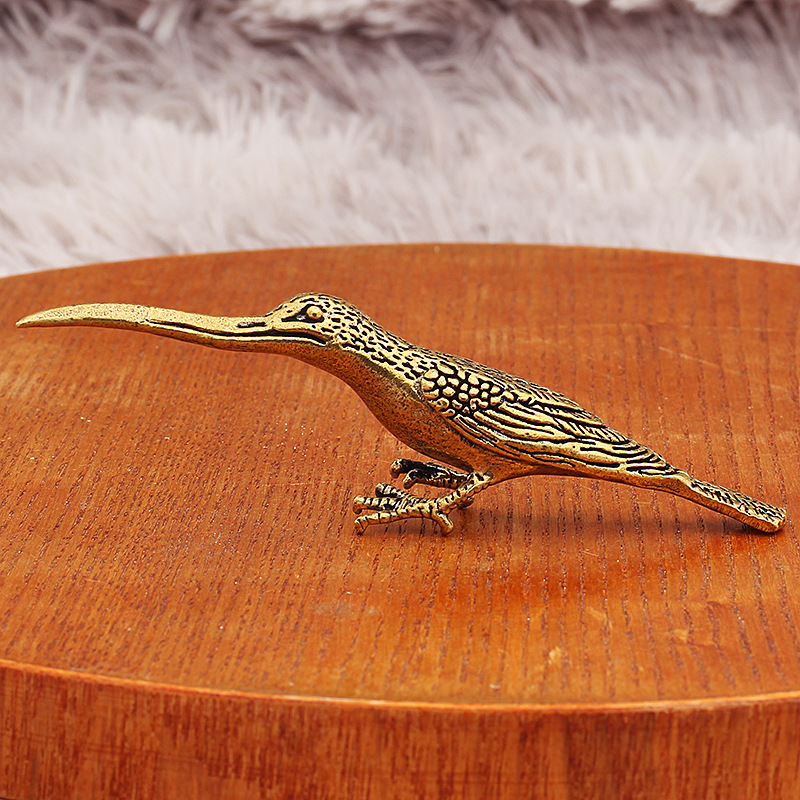 Solid Pure Copper Desktop Ornament with Realistic Long-Billed Hummingbird Tea Knife, Brass Micro-Carved Handle Piece, Small Kingfisher