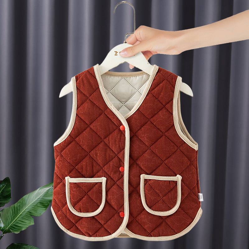 Chaleco de primavera y otoño para bebés, chaleco de calor a prueba de viento para mujeres, estilo extranjero y veludo, espeso nuevo hombro de algodón para niños