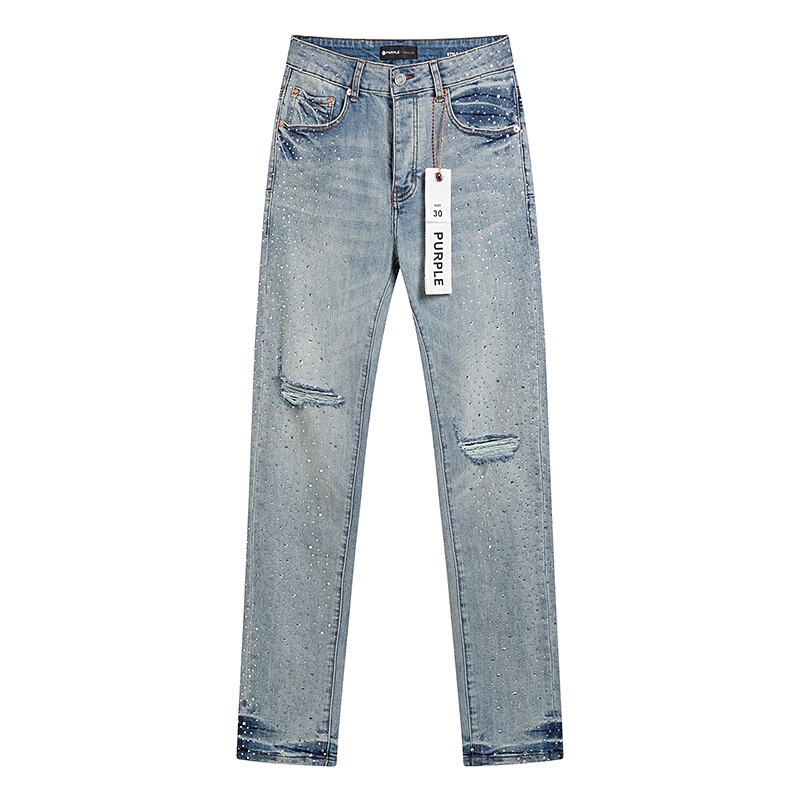 パープルブランド スモールフット ストレート マイクロフレア ストレッチ ジーンズ レトロ ダメージ加工 リップド デニム パンツ|undefined