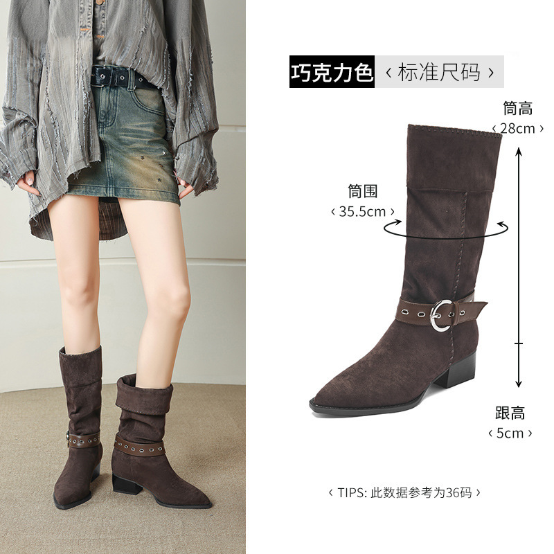 奥古狮登尖头马丁靴女2025新款棕色复古西部靴废土风堆堆靴牛仔靴|undefined