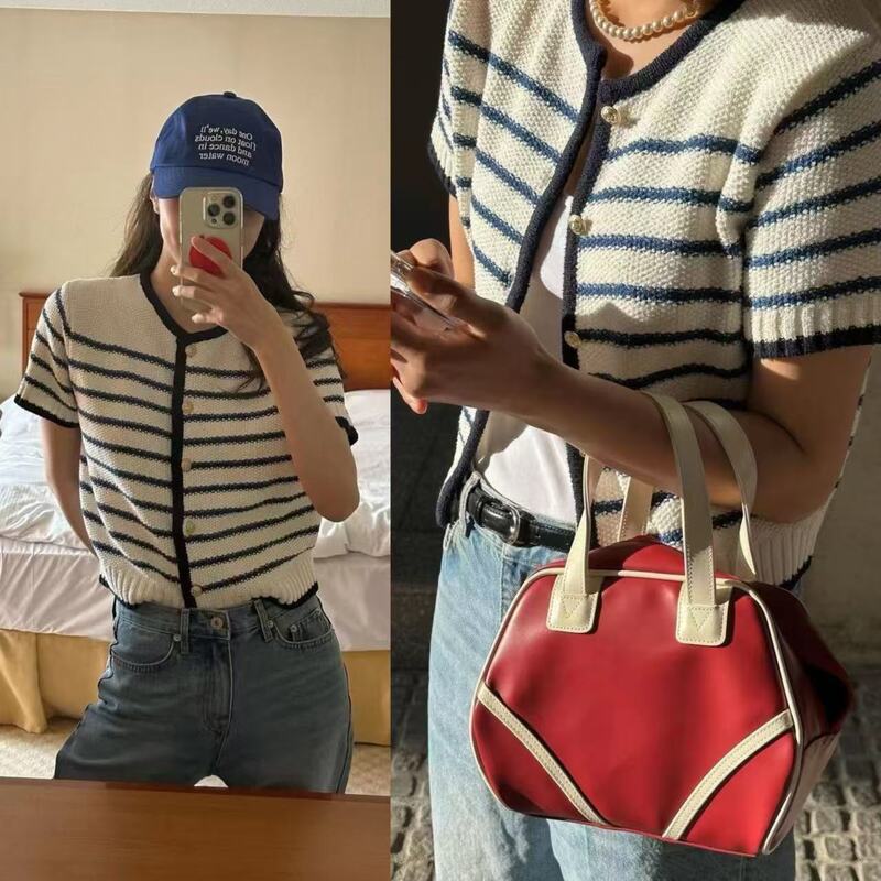 Yuran 26 Early Spring New Style French Casual Organic Cotton Loop Yarn Classic Contrast Stripe Short-Sleeve Knit Cardigan