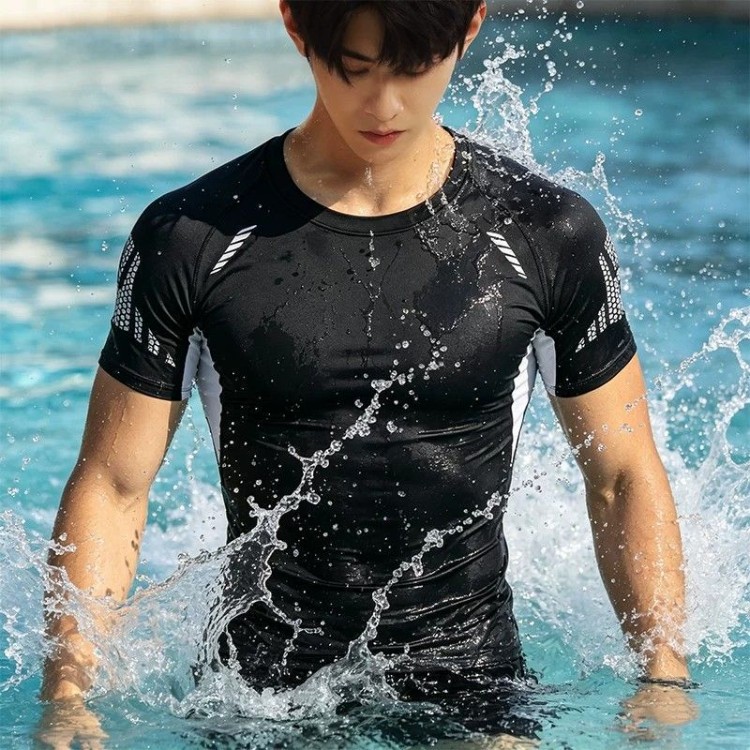 Swimsuit for Men, Men's Ice Silk Summer Quick-Drying Clothing, Youth and Adult Tops, Swimming Sun Protection Short-Sleeved Swimwear