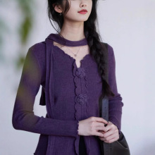 法式立体花朵领针织衫女秋冬别致木耳边毛衣纯欲挂脖飘带小上衣