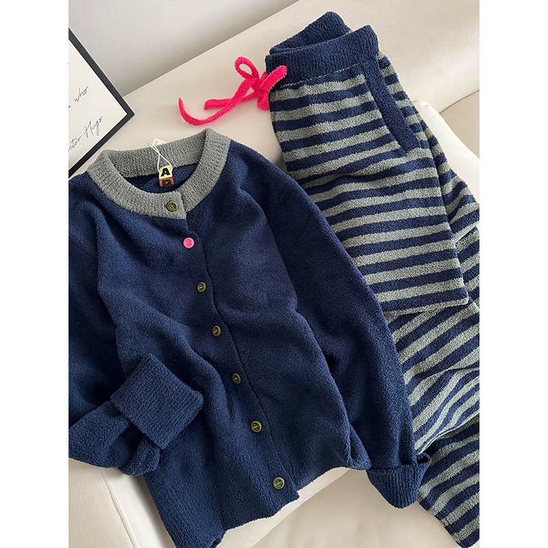 慵懒风撞色半边绒睡衣女冬款大码加绒加厚针织保暖家居服套装秋冬|undefined