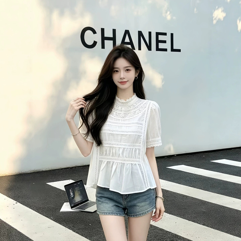 Nanyou Quality 2026 Summer New Exquisite Lace Hollow Out Patchwork Shirt Stand Collar Pleated Short Sleeve Top for Women