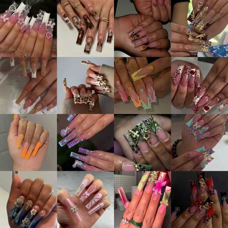 European and American Hot-Selling Rectangular Creative Fake Nails with Floral Patterns, Geometric Colorful Splicing, and Rivet Decoration Wearable Nails European and American Hot-Selling Rectangular Creative Fake Nails with Floral Patterns, Geometric Colorful Splicing, and Rivet Decoration Wearable Nails