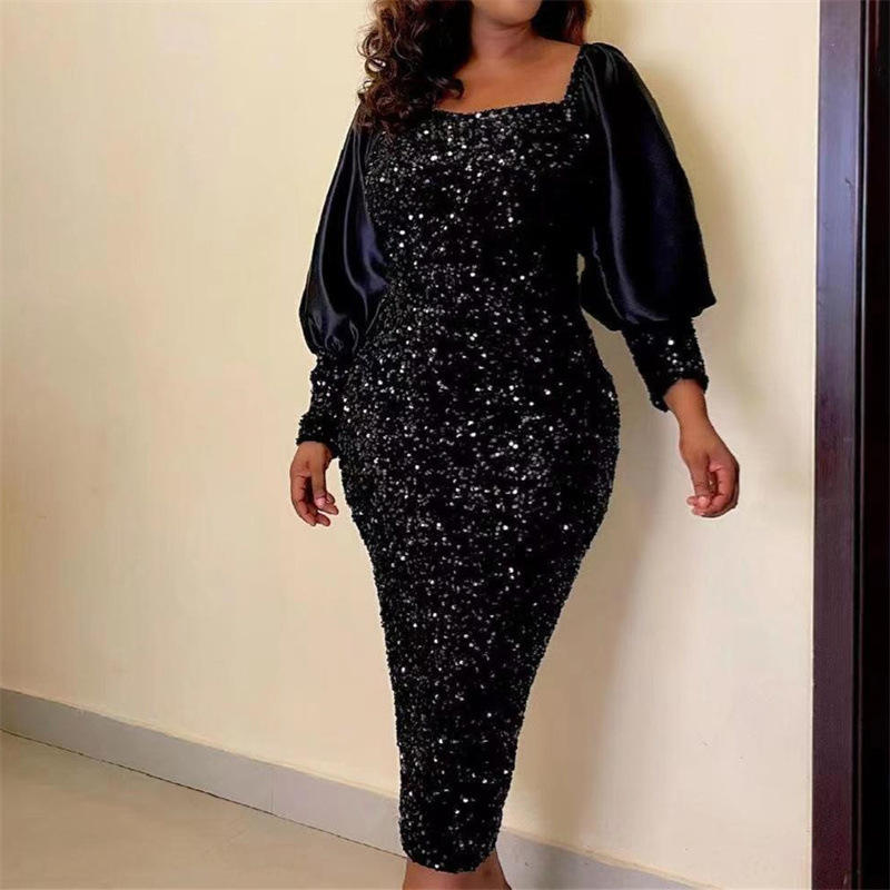 European and American cross-border Amazon sequined puff sleeve hip skirt plus size slim sexy bridesmaid dress dress