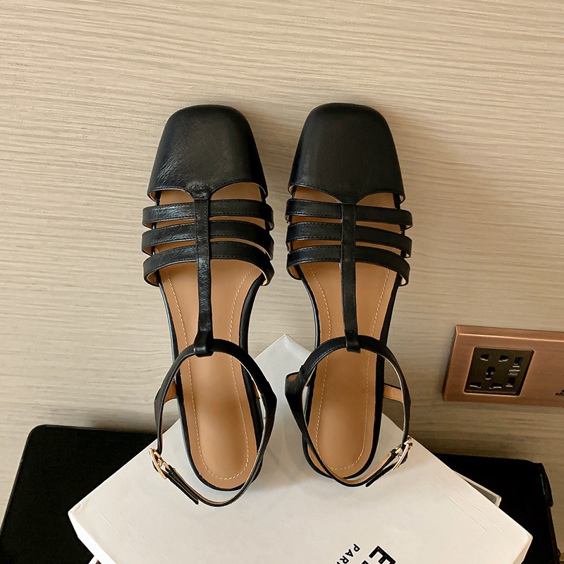 Sandal nữ đế bằng da bò lớp đầu quai chữ T dệt cổ điển — Màu nâu chi tiết 16
