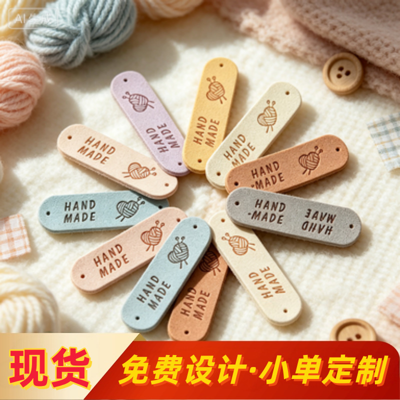 Personalized colorful handmade heart-shaped leather labels, custom-made for shoes, hats, accessories, and doll clothes, with perforated tags and microfiber embossing