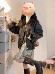 アメリカのレトロなカレー色の機関車の服のジャケットの森のvネックの泡の袖のゆったりしている花のa字のスカートの2枚