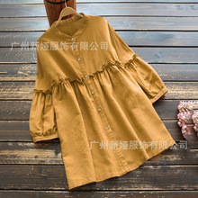 2023春季跨境开衫纯色七分袖衬衫  单排扣棉麻圆领都市休闲衬衫