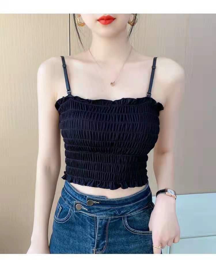 短款泫雅网红ins内衣新港风复古褶皱吊带背心女外穿内搭打底上衣