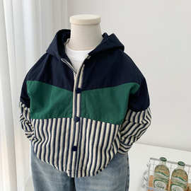 男童外套春秋2025新款韩版儿童拼色帅气连帽上衣中小童休闲衬衫潮