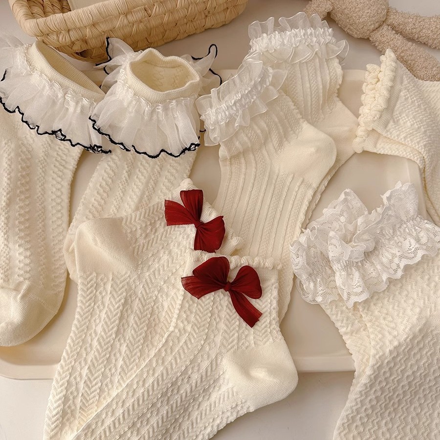 Socks for Lolita Girl, Mid-calf Socks with Ins Style Lace Flower Edge, Cute Openwork Sweet Socks with Bowknot and Mushroom Edge
