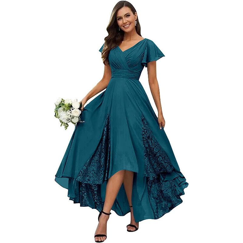 Amazon Evening Dress V-Neck Chiffon Elegant Bridesmaid Dress Plus Size Skirt with Lace Flowers for Formal Occasions