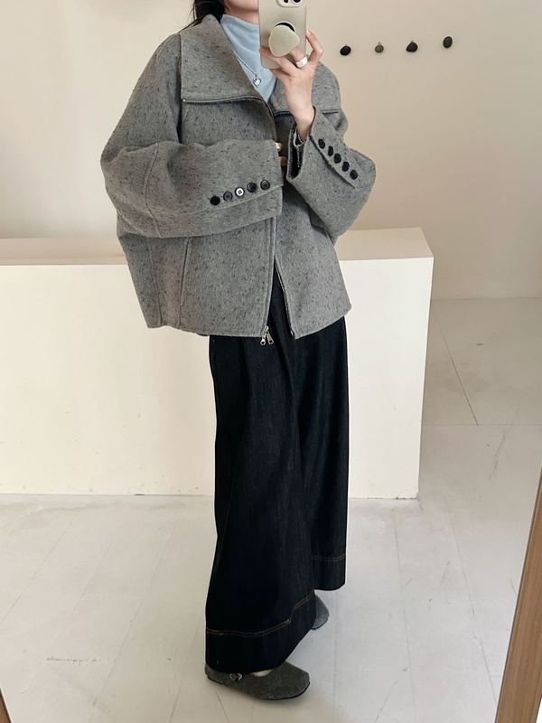 2025秋冬小个子宽松大码方领拉链点花学院风双面呢羊毛大衣女外套|undefined