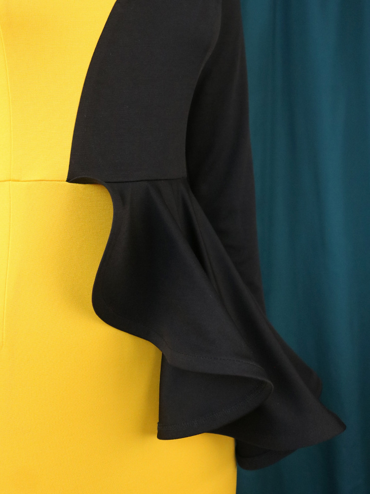 Vêtements pour femmes Robe à volants assortie de couleur grande taille pour femmes Robe de soirée sexy à col en V Robe de soirée jaune_voghion.com