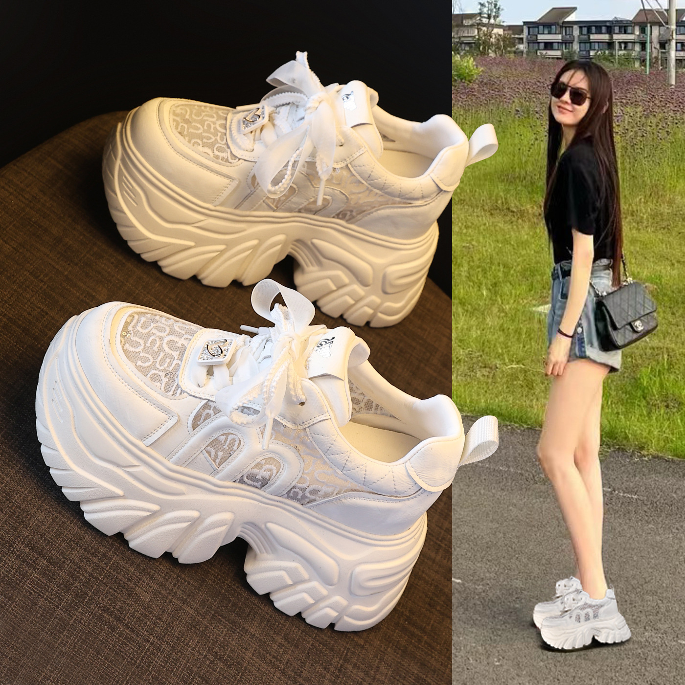 Giày sneaker nữ đế dày lưới thoáng khí phong cách daddy — màu hồng