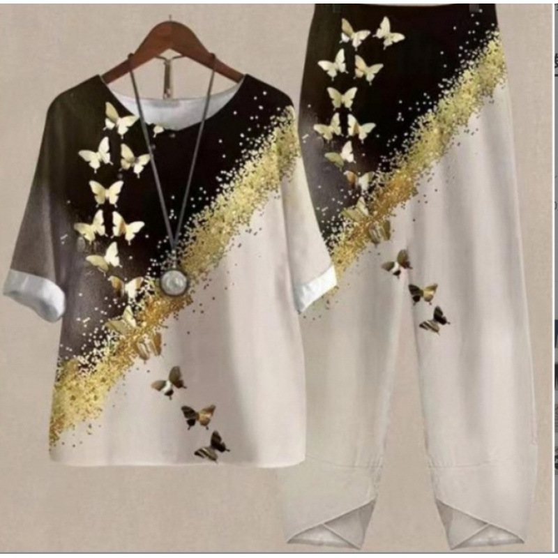 Europa y Estados Unidos trajes casuales de mujer transfronterizos de moda explosiva verano nuevo cinco mangas impresión chaqueta pantalones dos piezas