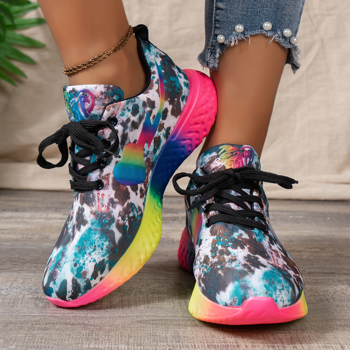 2024 comercio exterior nuevas zapatillas deportivas de tamaño grande con patrón de leopardo arco iris, zapatillas deportivas de cabeza redonda casuales, zapatillas deportivas de mujer