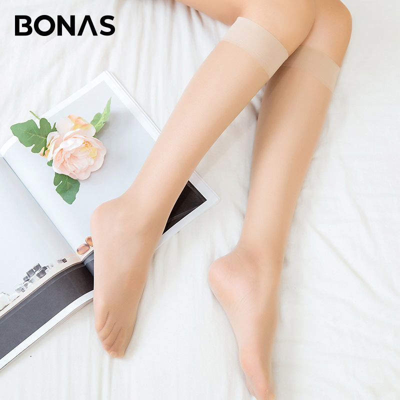 Bonas half transparent calf socks flesh-colored socks women's ultra-thin anti-snagging silk mid-calf stockings summer socks women's socks