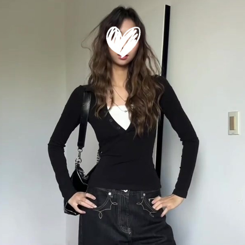 韩系穿搭假两件拼接撞色长袖T恤修身显瘦辣妹设计感女上衣潮|undefined