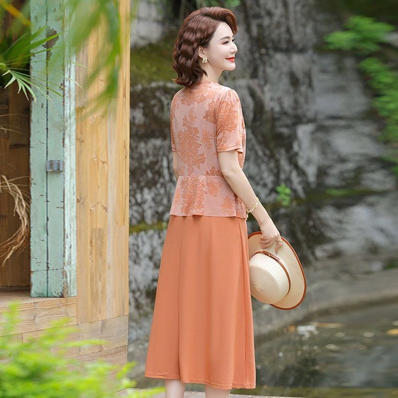Материнское платье из двух частей в китайском стиле, модное женское платье среднего и пожилого возраста с короткими рукавами, юбка, уменьшающая возраст.