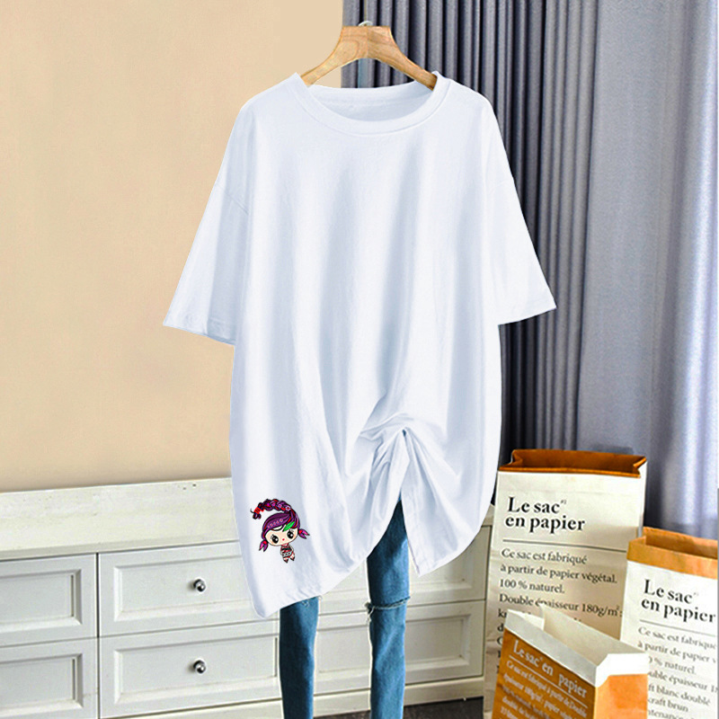 魔蝎女-纯棉韩版新款中长款短袖T恤圆领上衣BF胖M大码宽松上衣女|ru