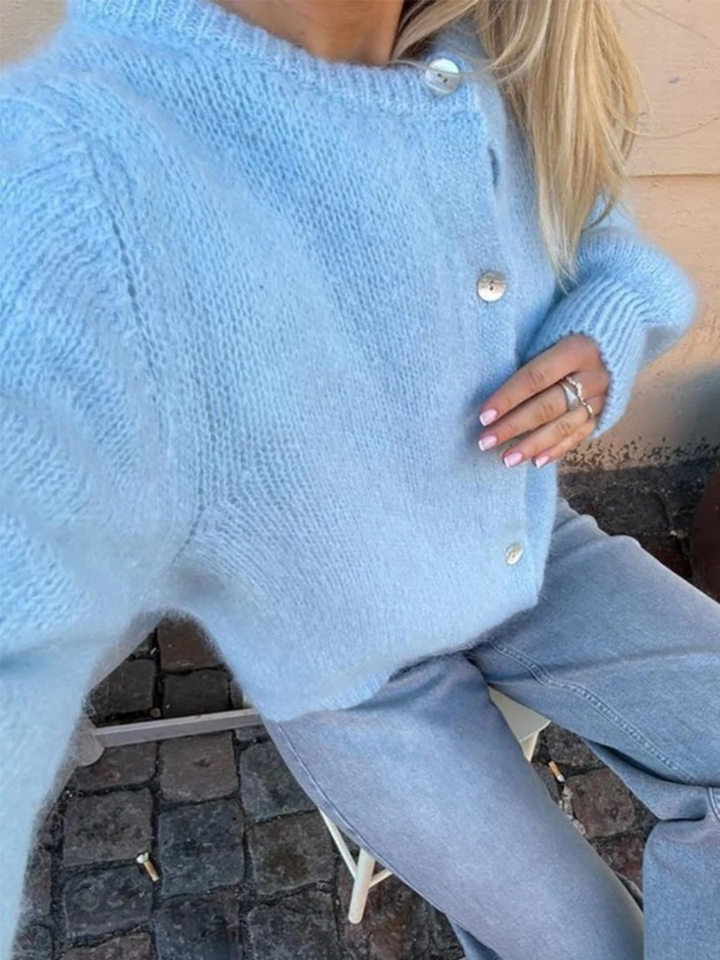 Áo cardigan len dệt kim dáng mỏng nhẹ cài nút một hàng, tay dài cổ tròn nữ — hoa hồng đỏ, màu be, màu cam, màu hoa cà chi tiết 103
