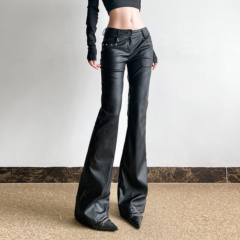 Jfl22448 European and American Style Cool and Handsome Hot Girl Rivet Low-Waist Leather Pants Women's Street Dark Rock Slim Straight Pants
