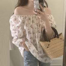 韩国chic2025夏法式甜美一字领露肩满屏碎花宽松百搭泡泡袖衬衫女