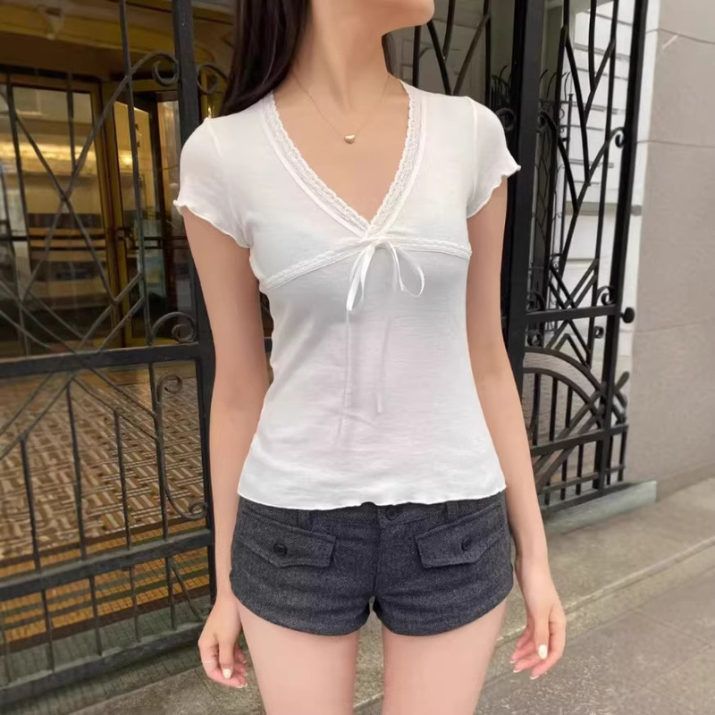 Bm Pure Desire White V-Neck Lace-Trimmed Short-Sleeve T-Shirt for Women, Slim Fit, Versatile Short Top for Young Girls